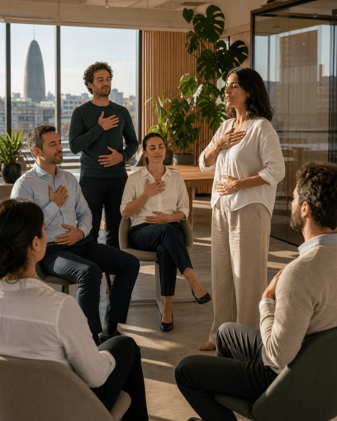 Corporate wellbeing facilitation session in a modern Barcelona office